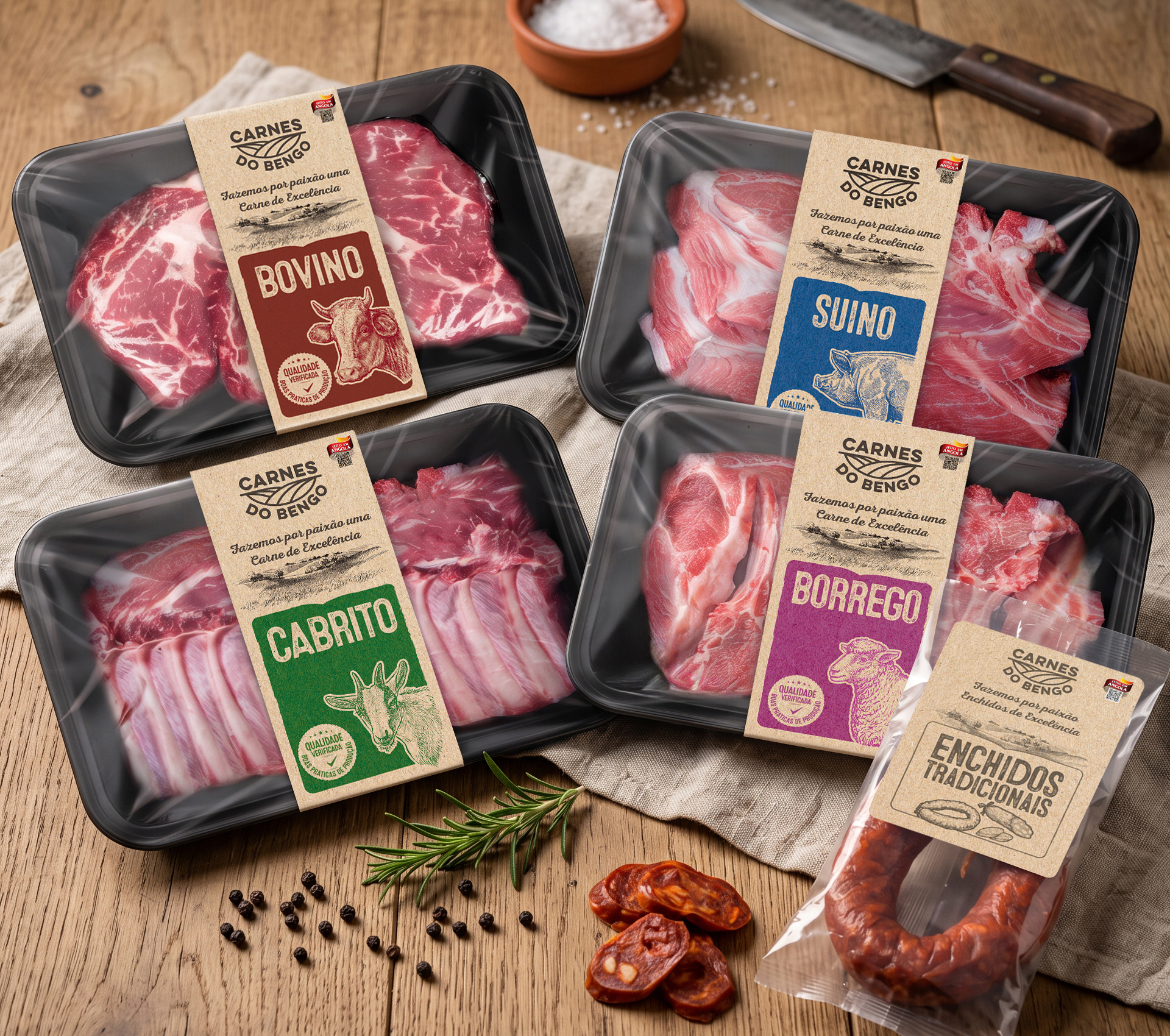 Carnes do Bengo meat packaging with branded bands by meat type