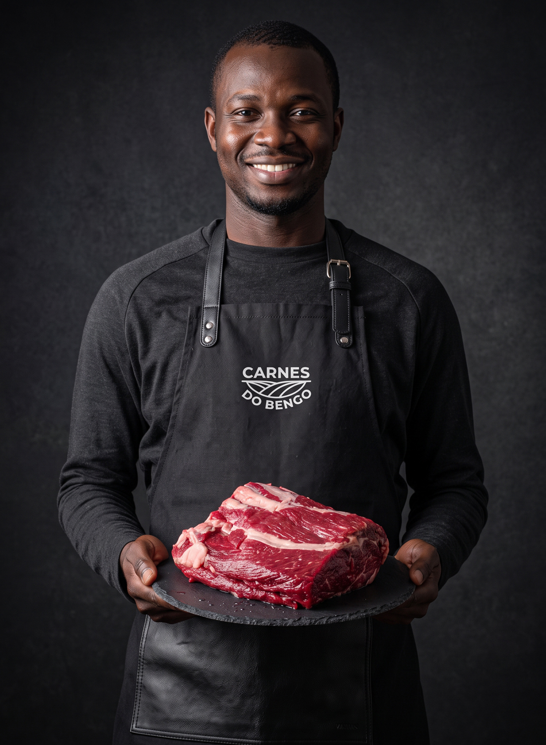 Carnes do Bengo butcher holding premium beef cut
